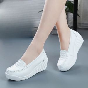 Shoes New Arrival White Platform Slip on Vulcanized Shoes Women Breathable Walking Nurse Work Shoes Leather Wedges Loafers