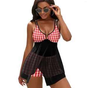 Costume da bagno da donna Costume da bagno sexy a quadretti rossi Set costume da bagno scozzese con motivo natalizio Bikini femminile con grafica dolce e taglio alto