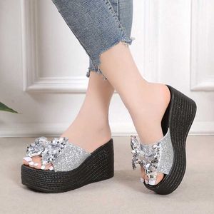 Slippers 2022 New Hot Sales Summer Wedges Women Thick Heels Bottom Flip Flops Slip-resistant High-heeled Shoes Bow H240322