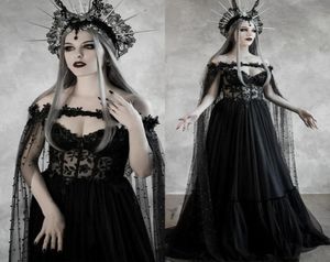 Dark Fairytale Gothic Schwarzes Hochzeitskleid mit schalenförmigem Korsettmieder Fantasy A-Linie Brautkleider Mittelalterliche Vampir-Halloween-Hochzeit9403544