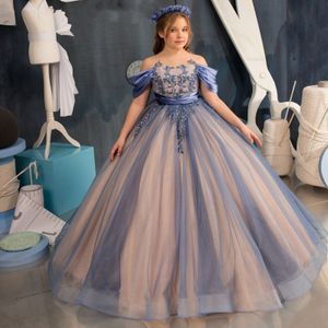 Flower Girls Dresses Jewel Neck Half Sleeves Lace Appliques Button Back Long Ball Gown Kids Birthday Girl Pageant Gowns