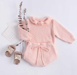 Sonbahar Pembe Örgü Takımları Bebek Çocuk Giysileri Setleri Sweater Kız Setleri Ruffles Uzun Kollu Sweaterpp Kısa 2 PCS Çocuk Suits3265800