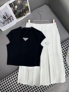 Women's Two Piece Dress Set Skirt High Quality New Hot Diamond Triangle Short Sleeve T-shirt Paired with Folded Half Skirt Fashionable and Minimalist Set for Women