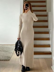 Tossy Lace-Up Female Knit Maxi Dress Autumn High Waist Fashion Patchwork Long Sleeve Loose Solid Dress Bandage Knitwear Dress 240321