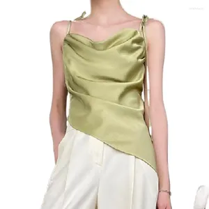 Kvinnors tankar koreanska mode streetwear satin camisole sommar vild sexig veckad asymmetrisk konstgjord siden spaghetti rand cami toppar y2k