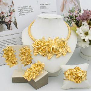 Conjunto de joias com flores grandes dubai, colar africano elegante, brincos banhados a ouro, pulseira bonita, acessórios de design de anel