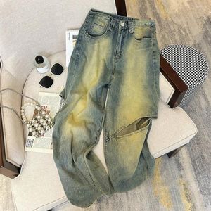 Calças de brim femininas design fenda baggy para mulheres vintage lavado alto wiast perna larga denim calças mulher moda coreana calças de rua