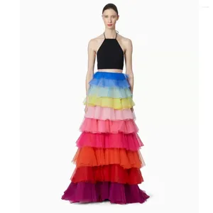 Saias Impressionante Colorido Organza Longo Mulheres para Festa A Linha Chão Comprimento Arco-íris Feminino Maxi Saia Nupcial