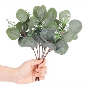 Decorative Flowers 24Pcs Artificial Eucalyptus Stem Branches Round Leaf With White Flower Decor Wedding Plant