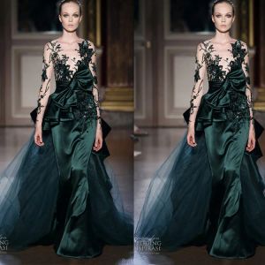 Zuhair Murad Vestidos de baile verde escuro ilusão pura pescoço vestido de noite cetim renda apliques celebridade tapete vermelho vestidos de moda