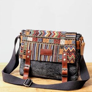 Bag Vintage Canvas Pattern Embroidery Crossbody Stitching Leather Shoulder