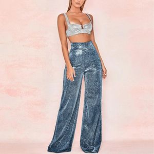 Women's Pants Elegant Women High Waist Straight Casual Sweatpants Sequin Silver Wide Leg Trousers Comfortable Streetwear 2024