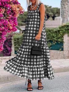 Casual Dresses Vonda 2024 Summer Bohemian Plaid Maxi Dress Women Sexig Ruffled Spaghetti Stems Tryckt strand Sundress Loose Long Vestido