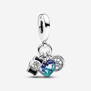 Kamera, Herz, Kompass, dreifach baumelnder Charm, Pandoras 925 Sterling Silber, Luxus-Schmuck-Charm-Set, Armbandherstellung, Charms, Designer-Halsketten-Anhänger, Originalverpackung