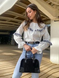 Women's Blouses Women Fashion Wave Point Ruffled Shirt Casual Long Sleeve Round Collar Tops Ladies Spring Office Lace Up Top 2024