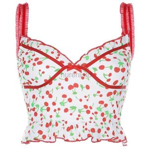 Women's T-Shirt Womens summer pleated Italian spaghetti shoulder strap crop top sexy transparent mesh sweet cherry print bow without back tight fitting vest 240323