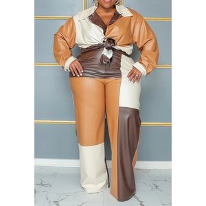 Plus Size Daily Pant Set Brown Patchwork Pu Leather Two Piece 240307