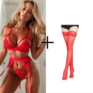 Conjunto sexy de roupa íntima feminina, babydoll, sutiã de renda transparente + cinta-liga + tanga, conjunto de 3 peças, sutiã erótico quente, lingerie, roupas pornográficas 24322