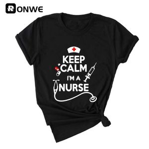 Damen-T-Shirt „Stay Calm“, Krankenschwester-Print, kurzärmelig, schwarz, Damen-T-Shirt, Damen-Retro-Top, T-Shirt, Damen-Harajuku-Straßenkleidung, gerades Boot 240323