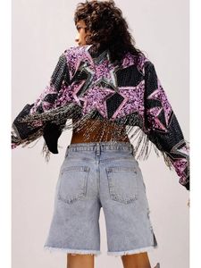 Primavera casaco feminino borla estrela padrão jaqueta com borda de pele manga comprida cardigan punk gótico recortado outerwear curto 240315