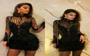 Vestidos de coquetel preto, gola alta, linha, renda, lantejoulas, vestido de noite curto, manga comprida, penas, baile de formatura, festa formal, vestidos2973364