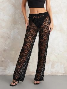 Calças femininas Mulheres Lace Bell Pant Sexy Ver através de Flare Bottom Leggings Hollow Out Malha Cobrir Calças