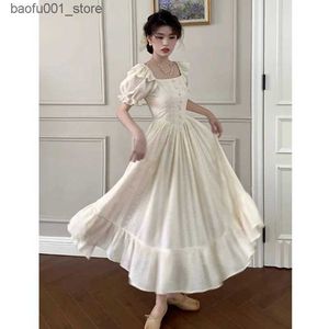 Basic Casual Dresses Elegant square neckline white dress summer fashionable puff sleeve pleated hem dress 2024 fashionable retro long dress 2024 new model Q240322