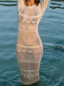 Lässige Kleider für Damen, Sommer, gestrickt, Bikini-Vertuschung, sexy Damen, aushöhlen, durchsichtig, gehäkelt, langärmelig, O-Ausschnitt, schmales Midi-Kleid, Strandkleidung