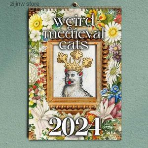 Calendário estranho medieval gato calendário 2024 decorativo pendurado divertido calendário mensal com imagens de gato sala arte decoração y240322