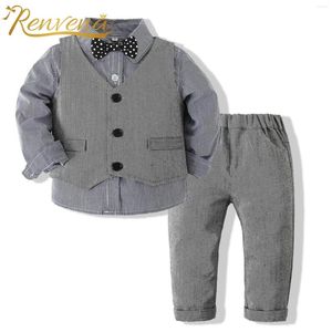 Kläder sätter barn Baby Boys Gentleman outfit långärmad randig skjorta bowtie väst och byxor 4-delad kostym för dopfödelsedagsfest