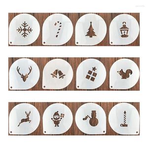 Baking Moulds 12Pcs Christmas Coffee Cappuccino Cocoa Powder Stencil Mold Cake Cupcake Template Barista Strew Pad Duster Tools