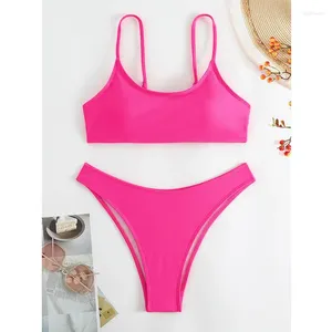 Kvinnors badkläder sexig rosröd bandeau bikinis set hög midja thong biquini conunto de bikini tankini strandkläder baddräkter