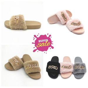 Ny grossist i Stock Winter Chain Diamond Plush Slippers inomhus och utomhus plysch platt botten varma tofflor gai päls kedjor fluffiga fall kvinnors utomhusstorlek 36-41