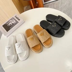 New Women Platform Slippers Raffia Sandália de palha fez a Itália Triangle Buckle Mules Bottom Bottom Ladies Saltos Slides bege preto branco