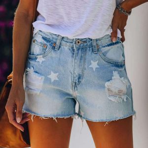 Sommer Damen Denim Shorts mit Gürtel Sexy Star Print Ripped Stretch Jeans Streetwear9104668