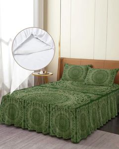 Sängkjol Bohemian Vintage Mandala Flower Green Elastic Fitted Bed Steread With Pudowcases Madrass Cover Bedding Set Sheet