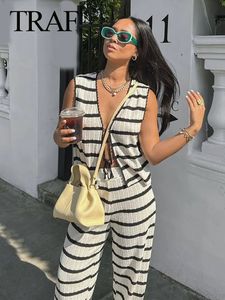 TRAF Women Fashion Summer 2 Pieces Set Black And White Striped VNeck LaceUp TopsKnitted High Waist Wide Leg Pants Female Suit 240312