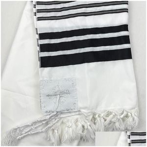 Шарфы Tallit Молитвенный платок 55X74/140X190Cm Израиль Черный Sier Полосы Gadol Tzitzit Для стирки Утюг Подарочный бар-мицва Прямая доставка Fas Dhsgk