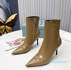 Fashionable Designer Boots Women Side Zipper Patent Leather Pointed 85mm Slim High Heels Boot with Casual Triangle Decoration New Spring designer shoes