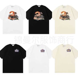 2024 Summer New Rhude Horse Sunset Print Trendy Loose T-shirt High Street Mens i damskie krótkie rękawy