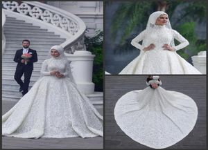 Мусульманские свадебные платья в арабском хиджабе с высоким воротом и длинными рукавами 2019 Романтические аппликации Кружевные белые свадебные платья со шлейфом abiti da spo4647614