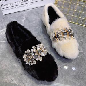 Sapatos casuais mulheres negras mocassins sola grossa mocassins cristal inverno quente neve peludo alpercatas rasteiras