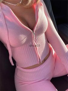 Women's Tracksuits Taruxy Womens Spring Set Casual Zipper Sweater Hoodie Set High Waist Flash Pants Set Pink Knitted Womens Y2k Two Piece SetL2403