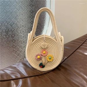 Винтажная соломенная сумка на шнурке, маленькая круглая сумка цвета хаки, бежевого цвета с цветочным декором, пляжная сумка для женщин, летняя богемная модная повседневная сумка на плечо