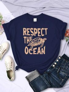 Camiseta feminina Respect The Ocean Green Turtle Camiseta de algodão adequada respirável toda matemática manga curta camiseta casual oversized roupas de primeira linha 24322