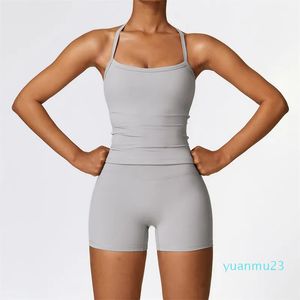 2024SS LL-8519 Set da due pezzi da yoga da donna lu Yoga Suit Vest Pantaloni corti Excerise Sport Gym Running Trainer Pantaloncini estivi Elastico a vita alta Abbigliamento sportivo