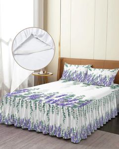 السرير تنورة الأوكالبتوس يترك لافندر زهرة النبات مرنة مرنة السرير مع وسادات غطاء مرتبة ورقة مجموعة الفراش