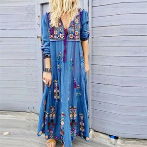 Casual Dresses V Neck Size Women Up Print Boho Maxi Långärmad klänning Stretch Manschetter plus Löst bekväm broderi