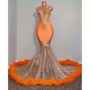 Orange Black Girls Mermaid Prom Dresses Satin Beading Sequined High Neck Feathers kjol Kvällsfest Formella klänningar för kvinnor