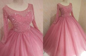 خمر داستي الوردة طويلة الأكمام Quinceanera فساتين الحفلة الراقصة ثوب Vestido de Noiva الخرز الترتر طول الطويل الحلو 16 فستان Vestido3090603